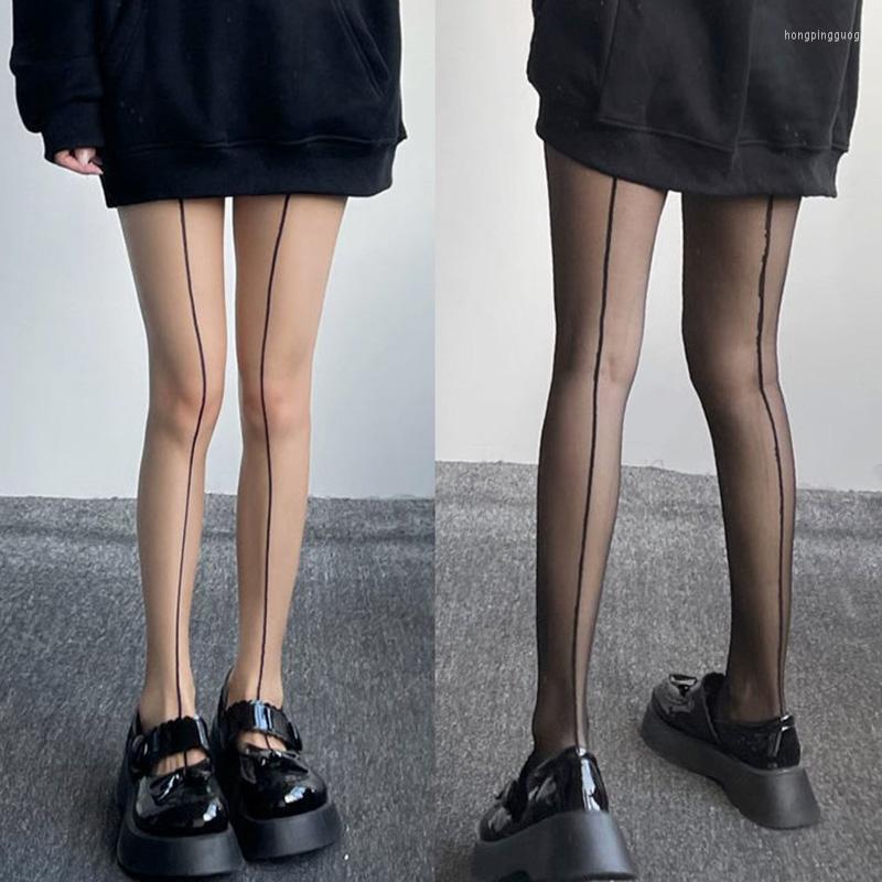 Women Socks Women's Vintage Black Line Stockings Sexy Pantyhose With Front And Back Seam Vertical Stripe Shrimp Sheer Tights Club Party