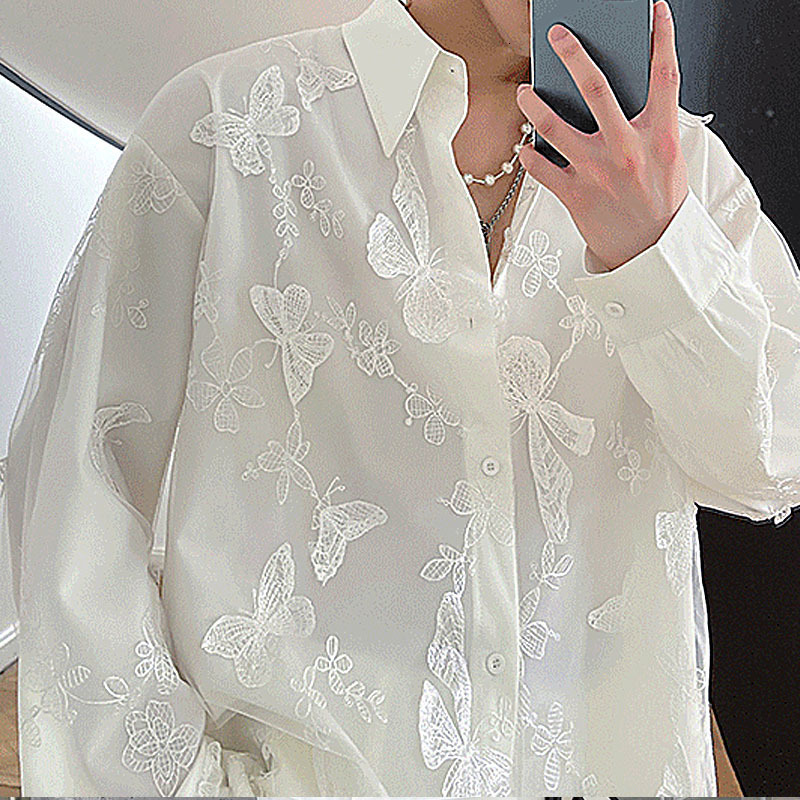Men's Casual Shirts 3D Butterfly Mesh Double Layer Shirt Men's Long Sleeve Loose Casual Vintage Korean Streetwear Shirt Male Dress Party Shi