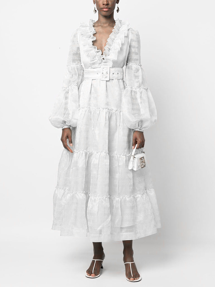 Casual Dresses CHICEVER Elegant Long Dresses For Women V Neck Puff Long Sleeve Patchwork Lace Temperament Maxi Female Spring Fashion New 230505