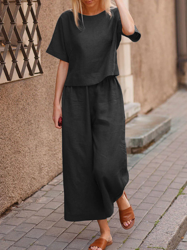 Tracksuits Two Women's Summer Piece Sets Womens Outfits Casual Linen Cotton O-Neck Tops Straight Loose Pants Fashion Solid 2 Piece Sets Streetwea