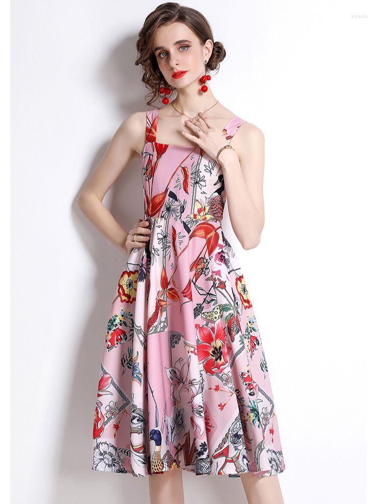 Casual Dresses Runway Midi Dress Summer Cute Women Vintage Print Spaghetti Strap Blue Party Pleated Vestidos Robe Femme N6539