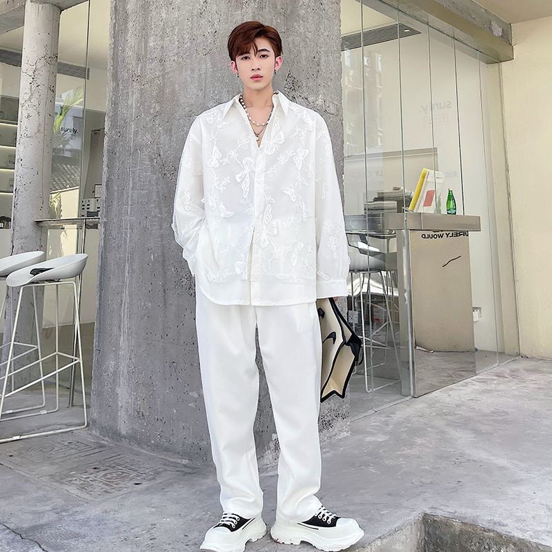 Men's Casual Shirts 3D Butterfly Mesh Double Layer Shirt Men's Long Sleeve Loose Casual Vintage Korean Streetwear Shirt Male Dress Party Shi