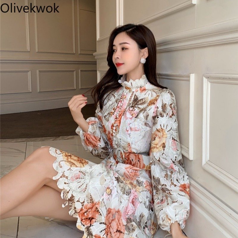 Casual Dresses Olivekwok Women Lace Embroidery Floral Hollow Out Elegant Big Swing A-line Dress 230505