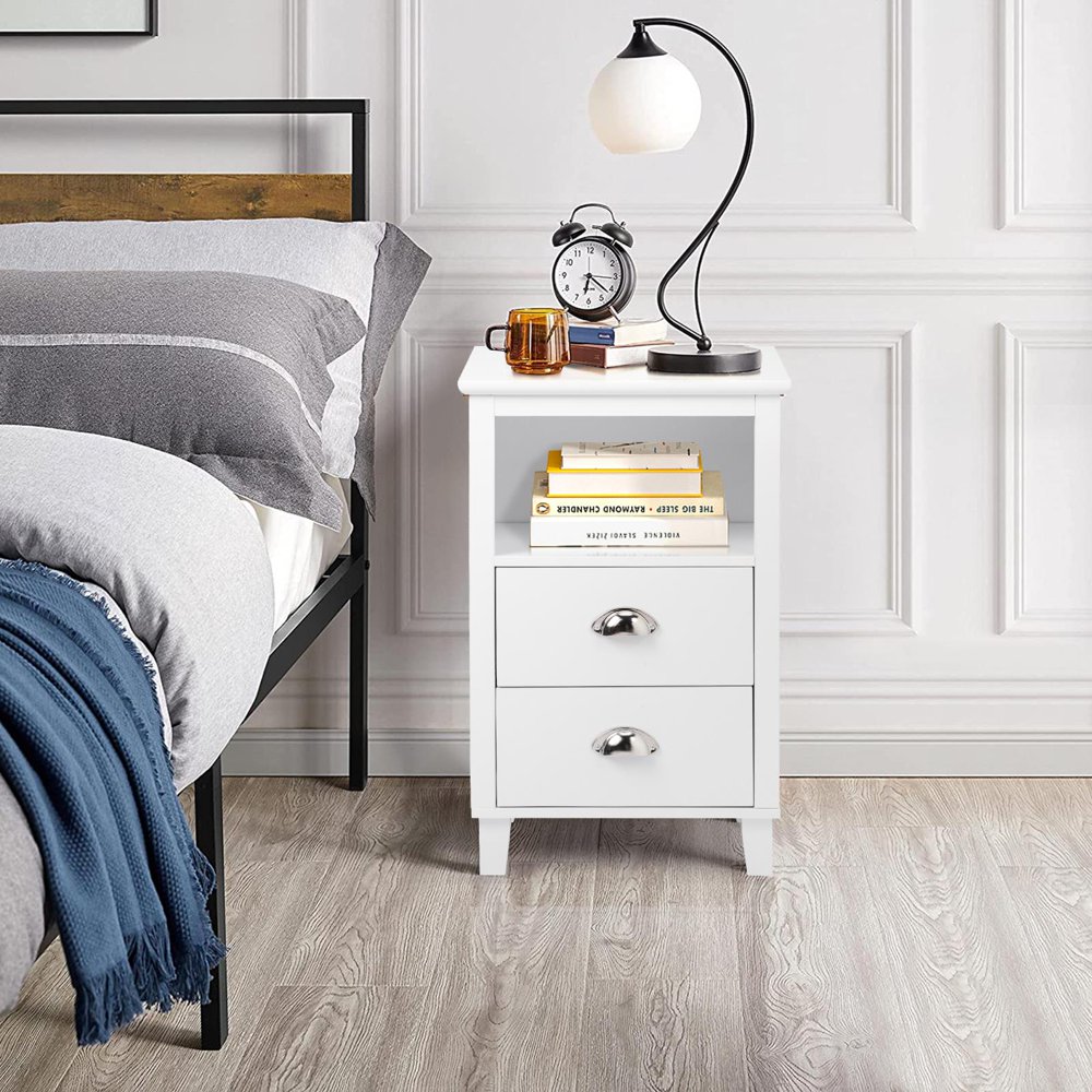 

Nightstand, Bedside Table with 2 Storage Drawers, End Side for Bedroom, Country Style,White