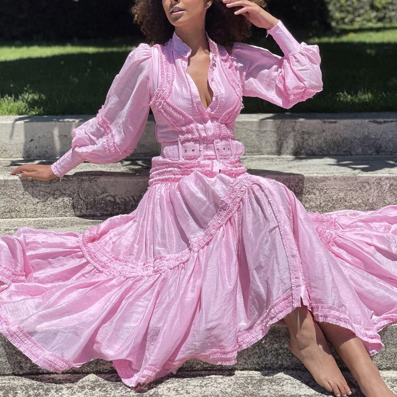 Casual Dresses JSXDHK High Quality Runway Autumn Green Ruffles Long Dress Women Stand Collar Lantern Sleeve Female Belted Holiday Party Dresses 230505