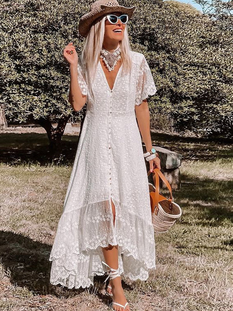 Casual Dresses White Maxi Dress Women Summer Bohemian Long Beach Sundress Ladies Hollow out Short Sleeve V-neck Holiday Dress Robe Longue 230505