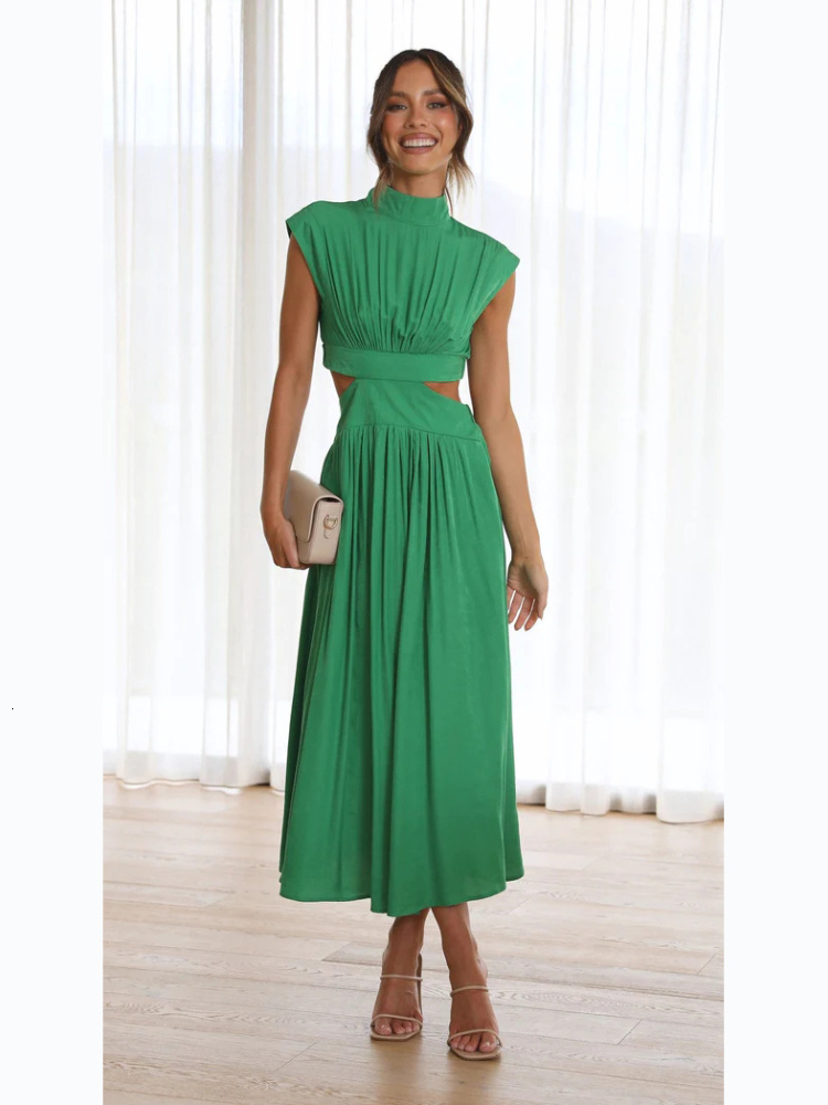 Party Dresses Women Elegant Maxi Summer Fashion Casual Solid Sleeveless Backless Female Sexy Hollow Out Pleated Long 230505