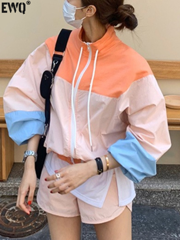 Women's Jackets EWQ Women Drawstring Contrast Long Sleeve Jacket Spring Summer New Patchwork Zipper Jackets Coat Female Loose Top 16Y7325 230505