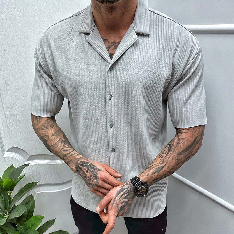 Men's Casual Shirts Leisure Solid Color Ribbed Shirts Men Clothes Fashion Short Sleeve Lapel Button Shirt Spring Summer Men's Casual Streetw