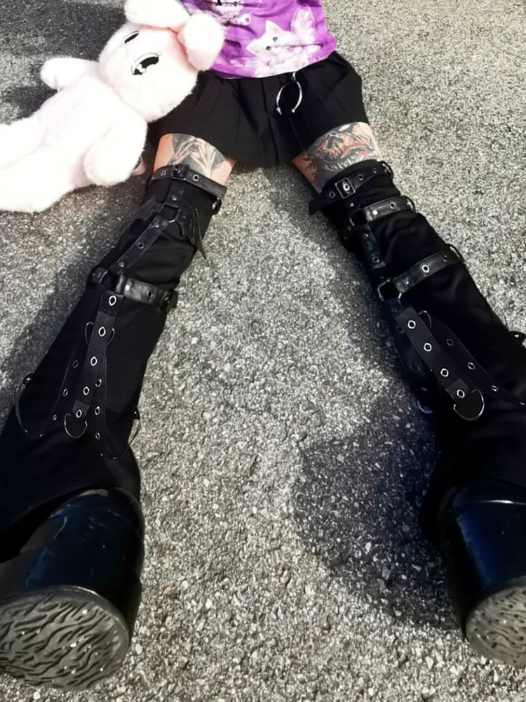 Women s Pants s SUCHCUTE Gothic Eyelet Strap Women Trouser Legs Vintage Dark Academic Slim Bandage Socks Black Knitted Boot Cuffs Punk 230504