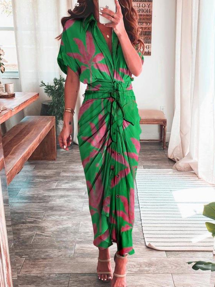 Casual Dresses Women Elegant Shirt Dress Summer Fashion Printed Button Ruched Bandage Long Dresses Female Solid V Neck Beach Dress Casual Robe 230505
