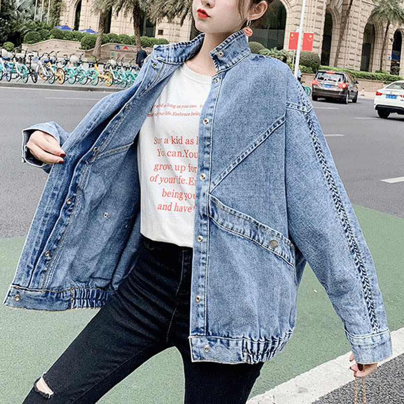 Women's Jackets Women Blue Denim Jacket Mandarin Collar Long Sleeve Solid Loose Oversize Chaqueta Mujer 230505