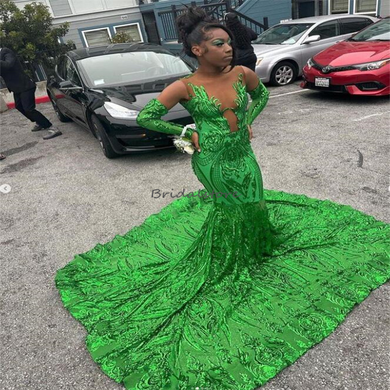 Sequin Green Prom Dress With Train 2023 Faster Delivery Extra Mermaid Black Girls Birthday Dresses Evening Wear Korean Glitter Formal Occasion Birthda