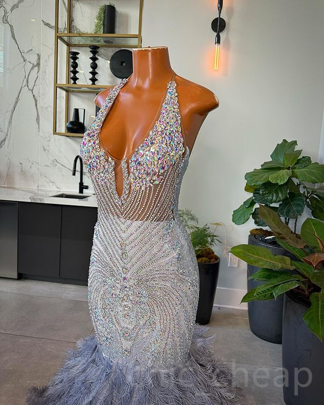 May Aso Ebi Sier Mermaid Prom Feather Crystals Beaded Evening Formal Party Second Reception Birthday Engagement Gowns Dress Robe De Soiree ZJ Lz0304