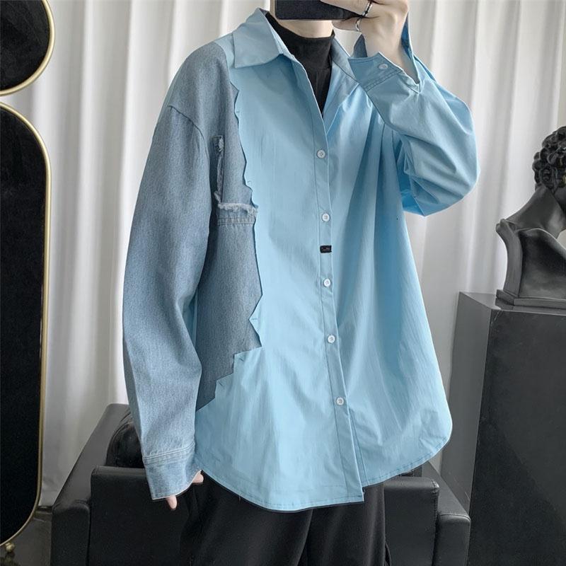 Men's Casual Shirts Stylish Lapel Spliced All-match Asymmetrical Shirt Men's Clothing Spring New Loose Casual Tops Long Sleeve Korean Shirts
