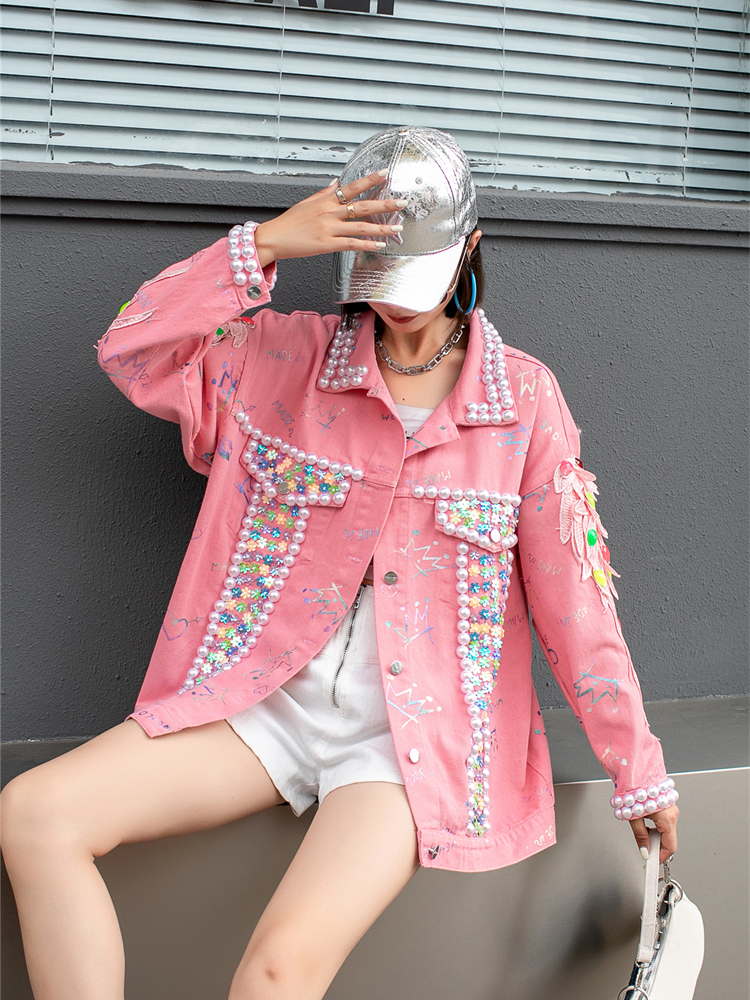Women's Jackets Exquisite Long-Sleeved Denim Jacket Spring New Loose Mid-Length Pink Single-Breasted Jacket Jeans Jacket Women 230505