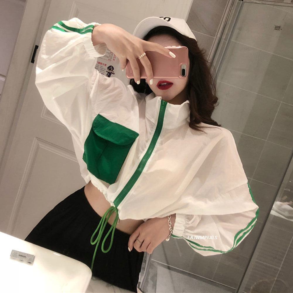 Women's Jackets Spring Summer Women Casual Loose Pocket Color Contrast Batwing Sleeve Drawstring Zipper Short Coat Jacket 230505