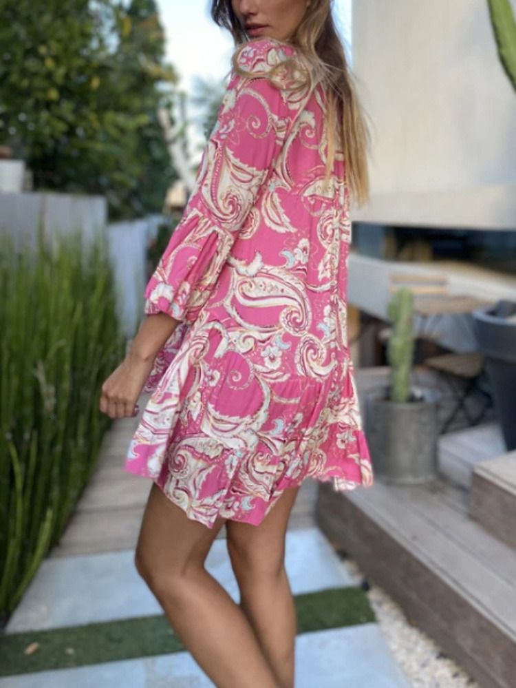 Casual Dresses Summer Green Beach Dress for Women Flare Sleeve V Neck Floral Print Dresses A Line Bohemian Birthday Dress for Women Sexy 230505