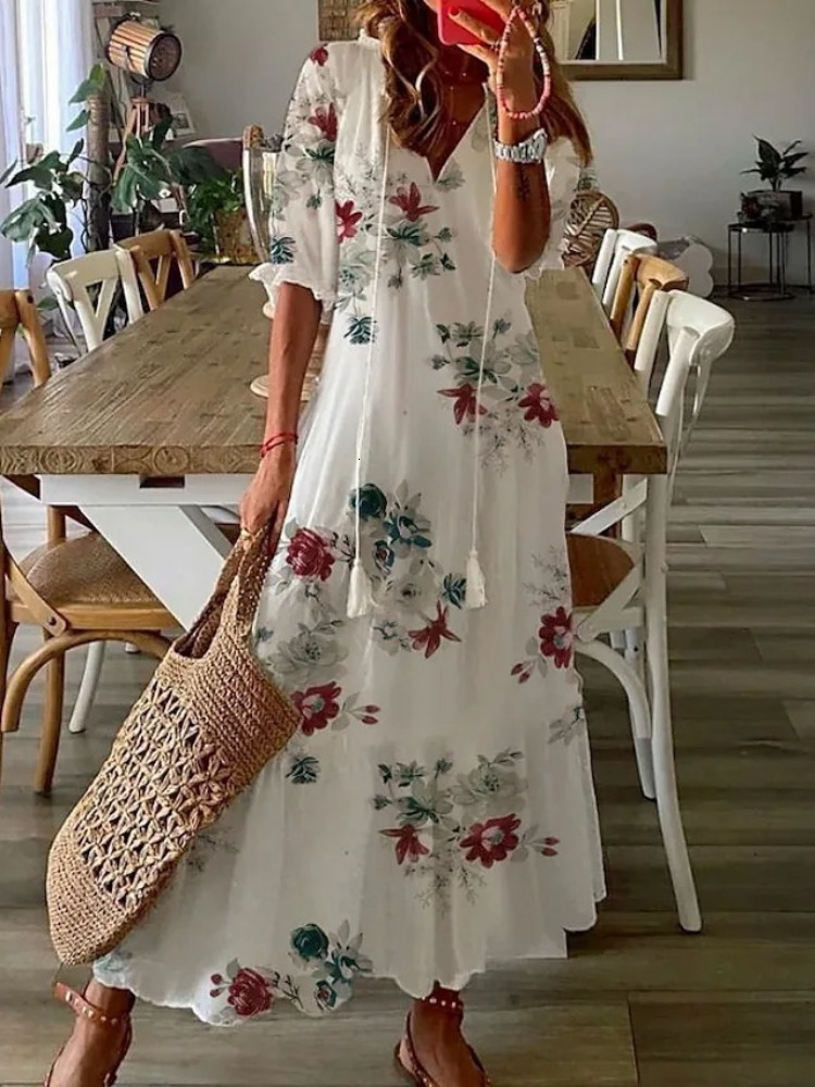 Casual Dresses Bohemian Long Dress Women Summer Vintage Floral Print V Neck Half Sleeve Dresses Female Casual Drawstring Loose Beach Dress 230505