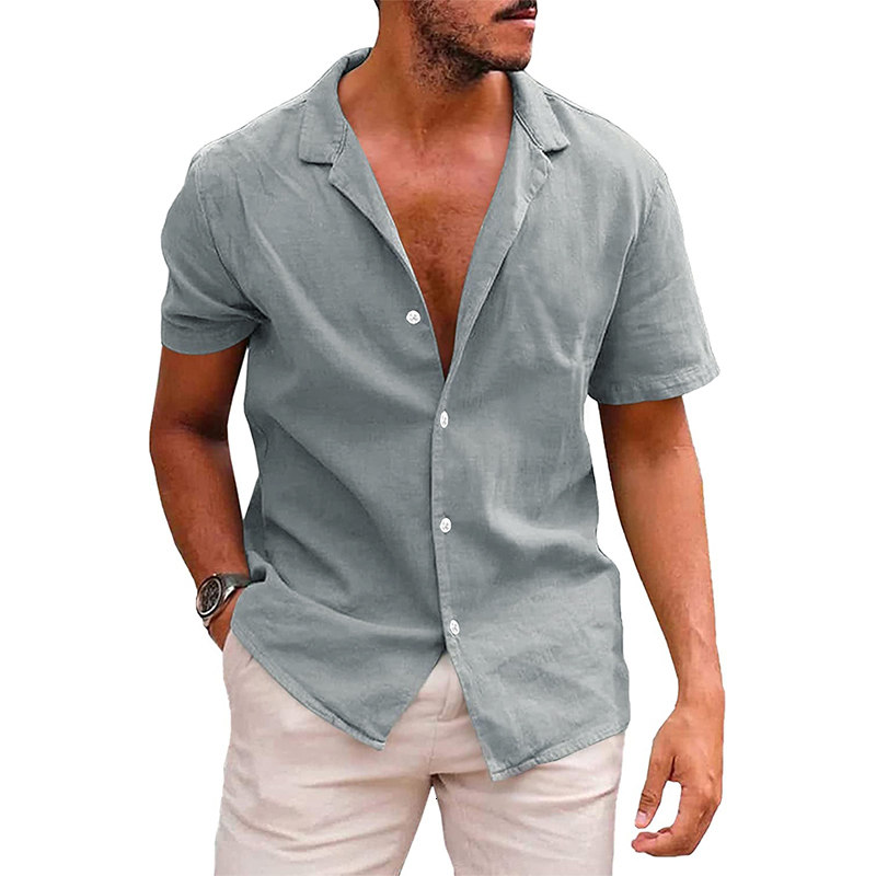 Men's Casual Shirts Summer New Men's Casual Solid Color Blouse Cotton Linen Short Sleeve Shirt Loose Cardigan Tops Comfy Breathable Beach Ma
