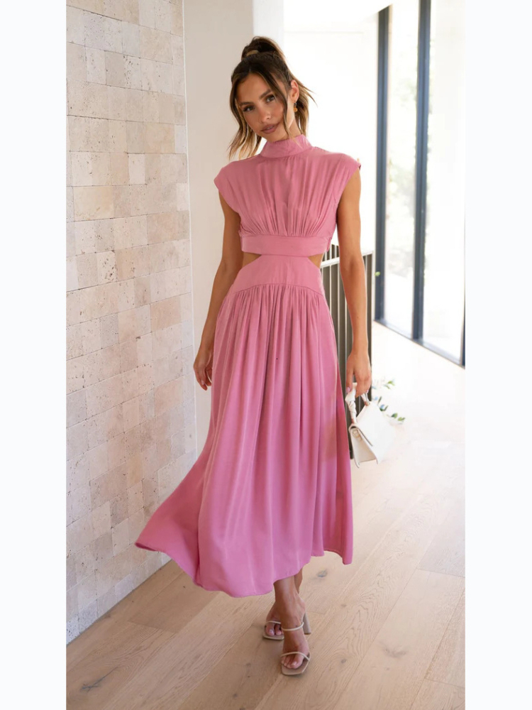 Party Dresses Women Elegant Maxi Summer Fashion Casual Solid Sleeveless Backless Female Sexy Hollow Out Pleated Long 230505
