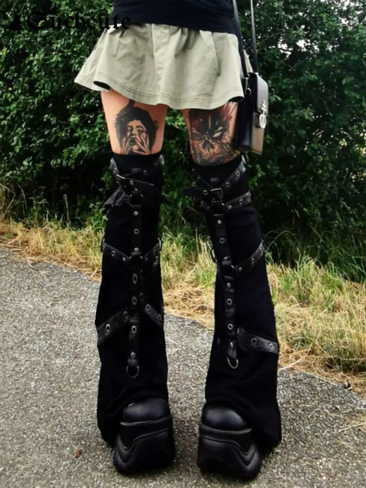 Women s Pants s SUCHCUTE Gothic Eyelet Strap Women Trouser Legs Vintage Dark Academic Slim Bandage Socks Black Knitted Boot Cuffs Punk 230504