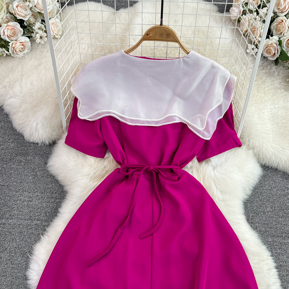 Summer French Gentle Style Dress Double Layer Ruffled V-Neck Lace up Waist Slim Single breasted Split A-line Dress