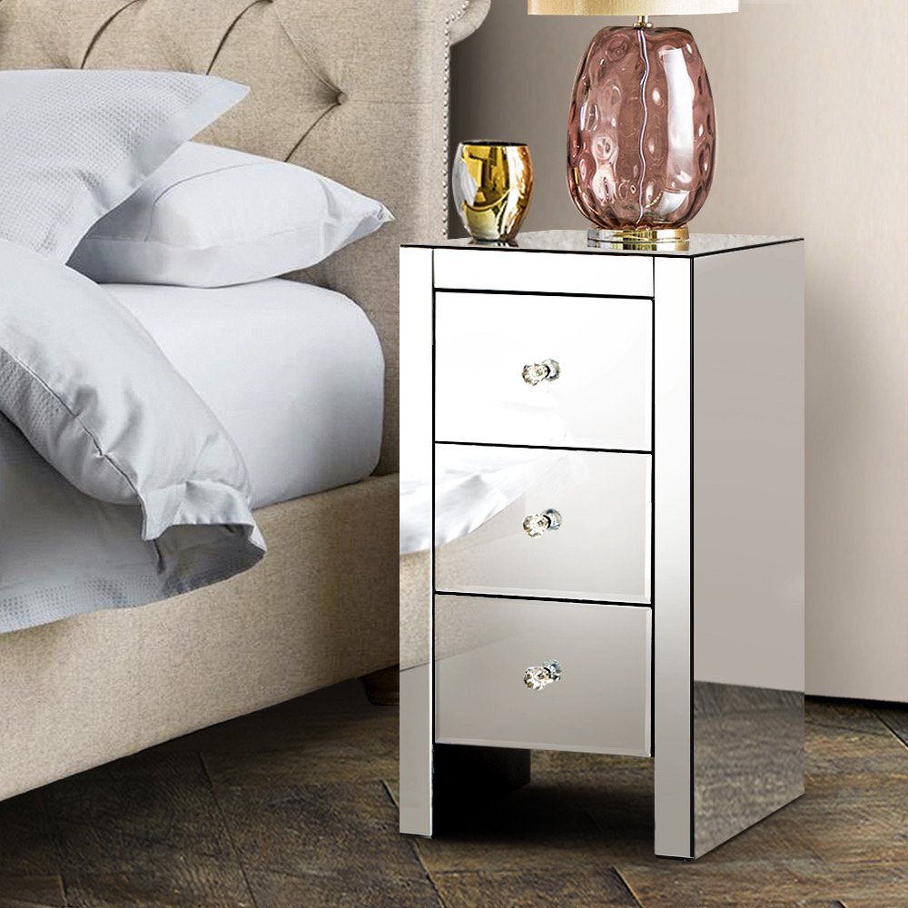 

3-Drawer Mirrored Nightstand End Tables Bedside Table for Bedroom, Living Room, Silver