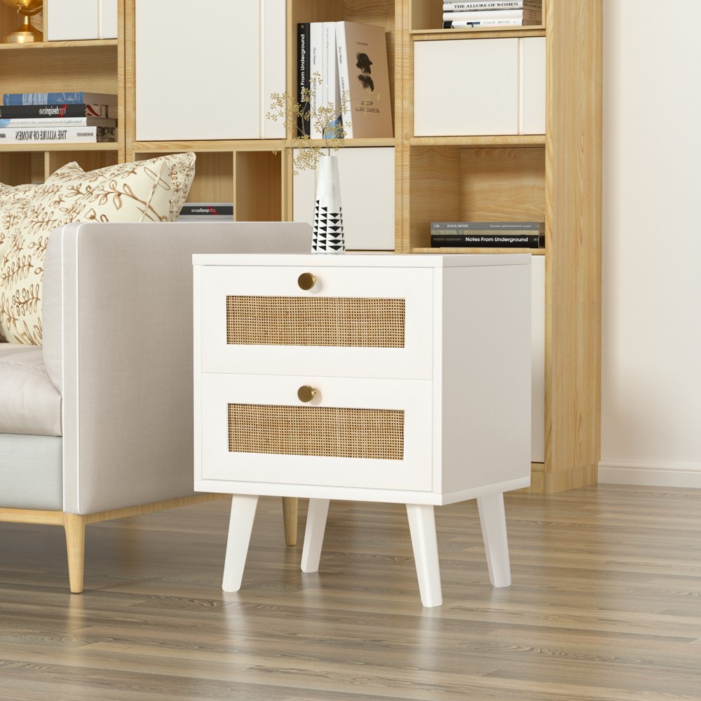 White Nightstand with Rattan 2 Drawers, Mid-Century Accent Wood Side Table,Boho End Table for Bedroom, Living Room,H0053
White Nightstand with Rattan 2 Drawers, Mid-Century Accent Wood Side Table,Boho End Table for Bedroom, Living Room,H0053