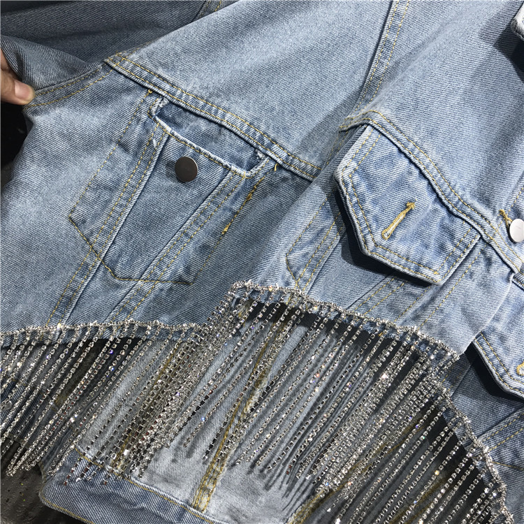 Women's Jackets Spring Summer New Denim Outerwear Loose Diamond Chain Tassel Streetwear Turn-Down Collar Jacket Women 230505