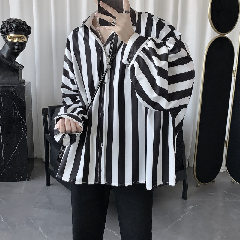 Men's Casual Shirts Fashion Lapel Spliced Button Korean Striped Shirt Men's Clothing Autumn New Loose Casual Tops Long Sleeve All-match Shir