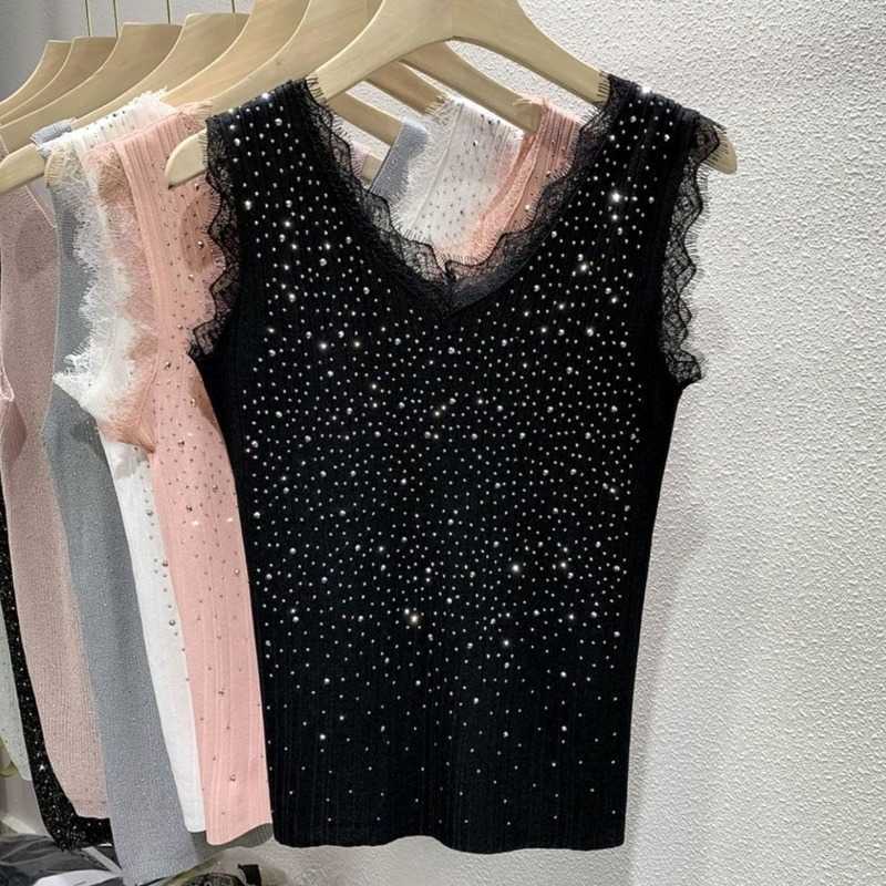 Women's Tanks Camis Hot Drill Ice Silk Lady Vest Women's Summer Thin Knit Sleeveless Vest Top Lace Top Y2k Tops Women Clothing P230505