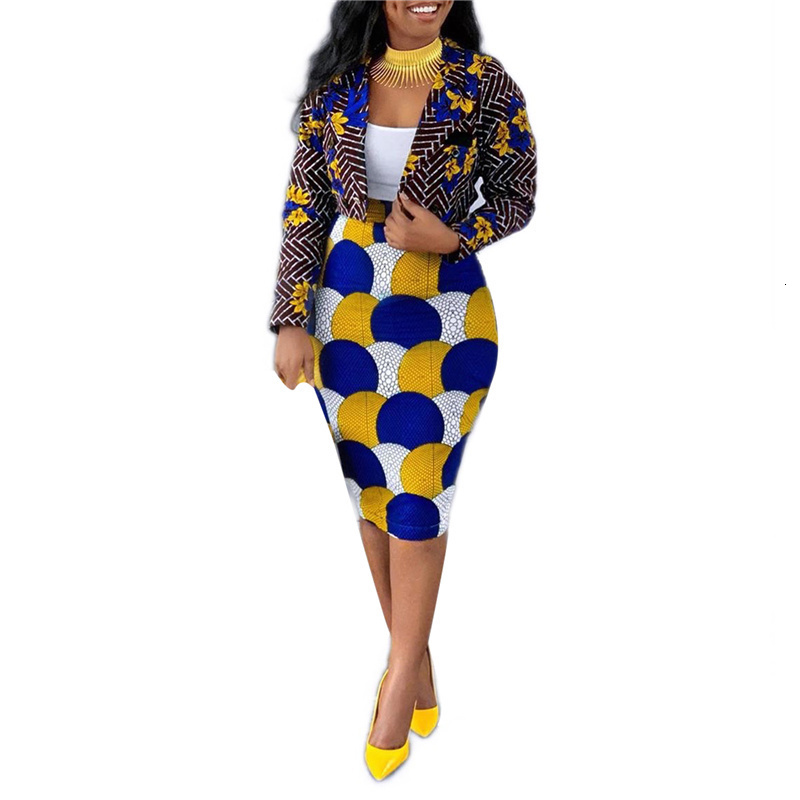 Two Piece Dress 2Pc Fashion and Elegance Outfits Multicolor Print Lapel Long Sleeves Suit Jacket High Waist Knee Dress for Ladies 230504
