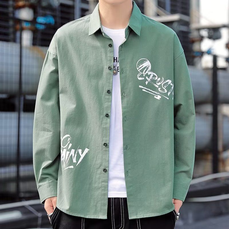 Men's Casual Shirts Autumn Winter Letter Print Loose Casual Blouse Man Long Sleeve Y2K Korean Style Male Shirt Vintage Gentmen Streetwear Clothes