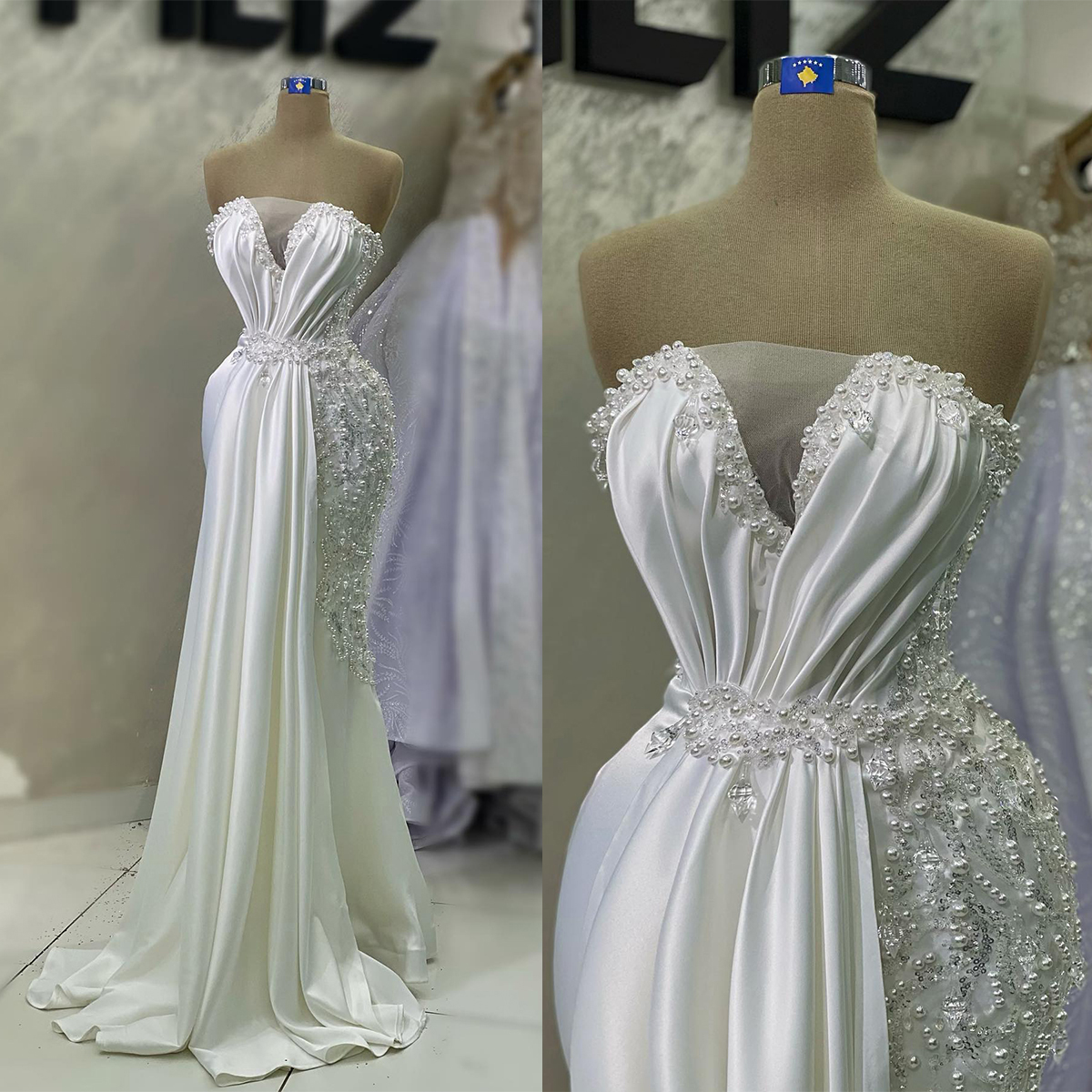 Glamorous Mermaid Wedding Dresses Strapless Pearls Applicants Zipper Satin Pleats Decoration Custom Made Plus Size Bridal Gown Vestidos De Novia