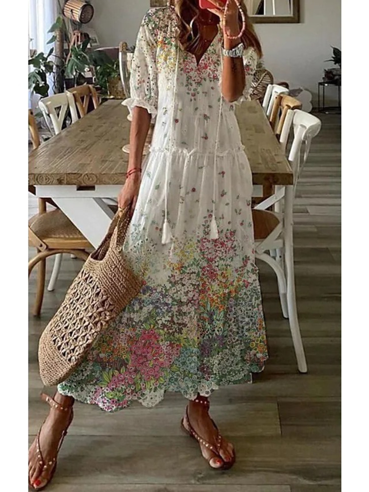 Casual Dresses Bohemian Long Dress Women Summer Vintage Floral Print V Neck Half Sleeve Dresses Female Casual Drawstring Loose Beach Dress 230505