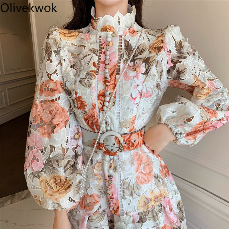 Casual Dresses Olivekwok Women Lace Embroidery Floral Hollow Out Elegant Big Swing A-line Dress 230505