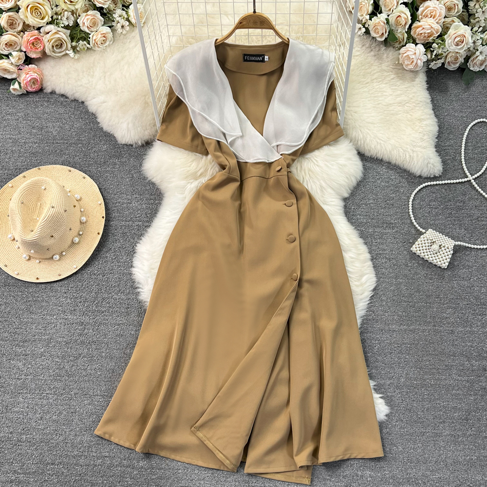 Summer French Gentle Style Dress Double Layer Ruffled V-Neck Lace up Waist Slim Single breasted Split A-line Dress