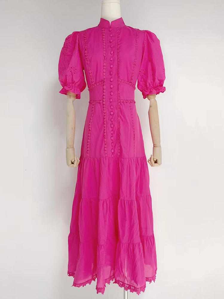 Casual Dresses VGH Casual Solid Dress For Women Stand Collar Short Puff Sleeve High Waist Patchwork Lace Long Dresses Female Fashion Clothing 230505