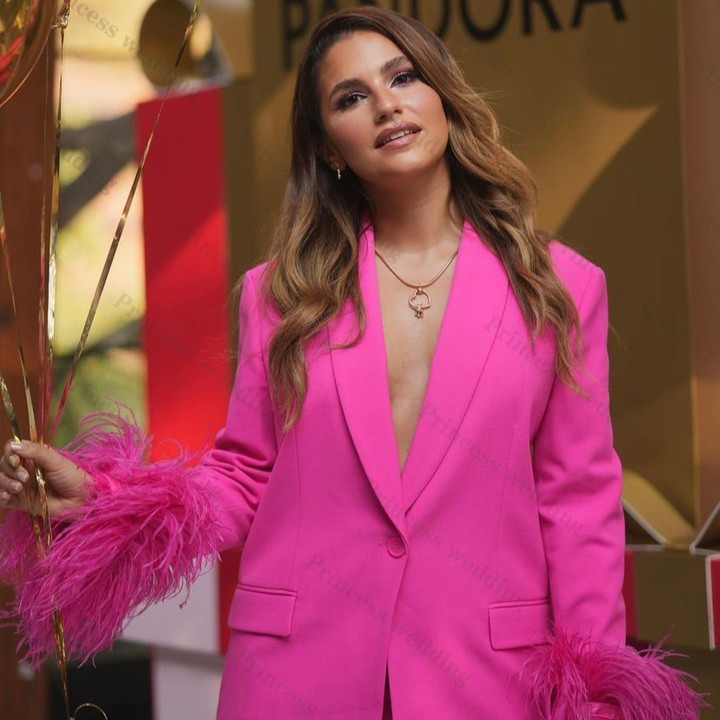 Hot Pink Women Pants Suits Set Feather Long Sleeve Girl Blazer Wide Leg Plus Size Office Lady Party Prom Dress