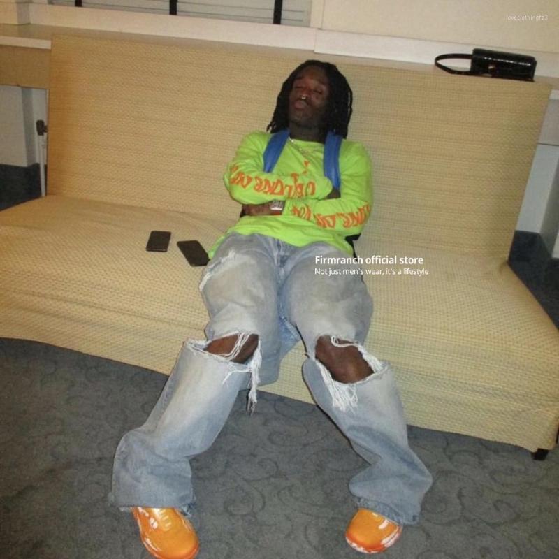 Men's Jeans Firmranch 2023 Blue Baggy For Men Women Big Hole Ripped Mopping Flared Denim Pants Streetwear Oversize Version Trousers