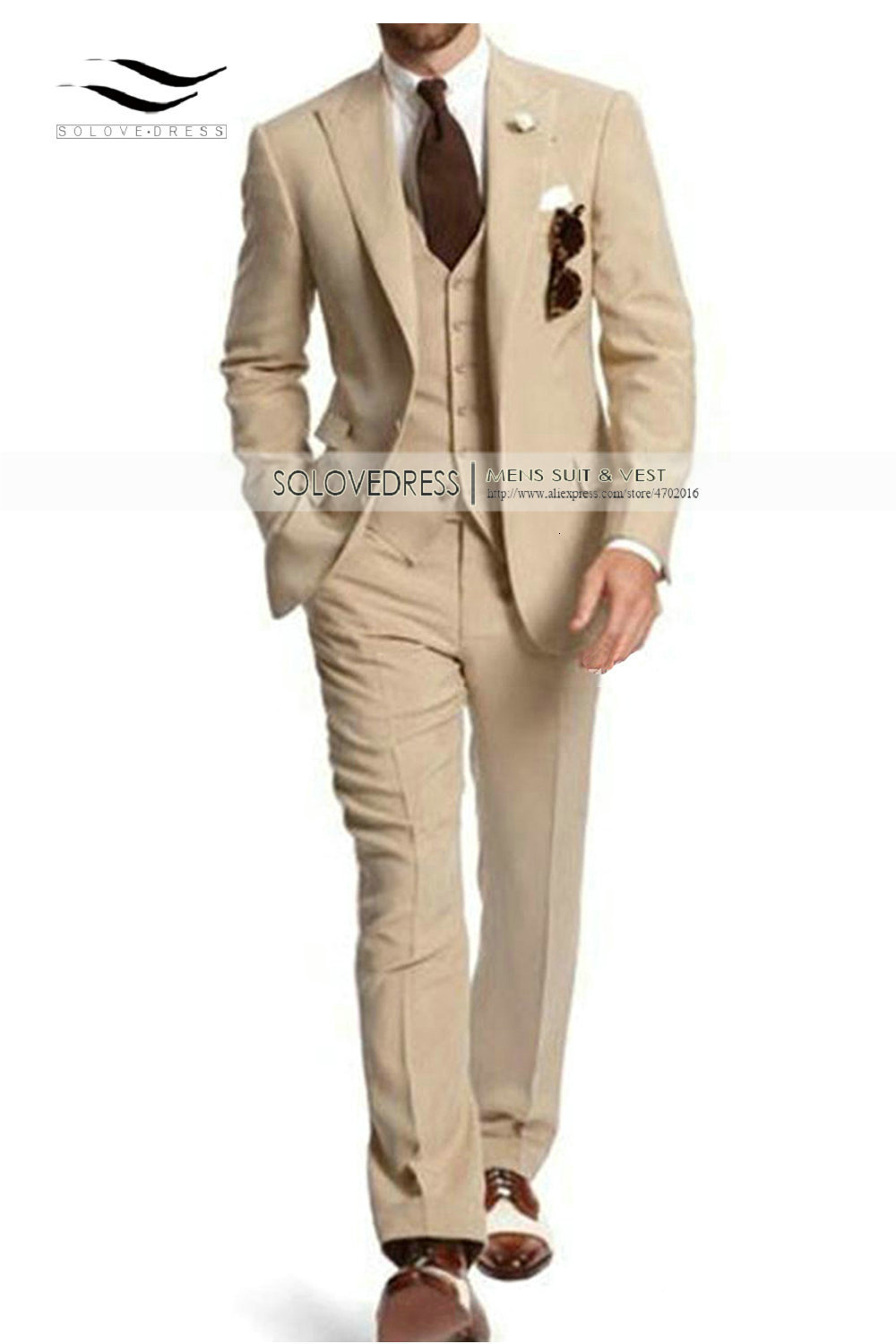 Men's Suits Blazers Men's Suit Formal Business Suits 3-Pieces Notch Lapel Solid Tuxedos Best Man For Wedding Groomsmen BlazervestPants Beige