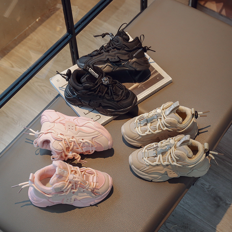 First Walkers Children's Fashion Solid Black Autumn and Winter Boys' Sports Shoes Waterproof PU Girls' Tight Fit Cotton Lace School Spo