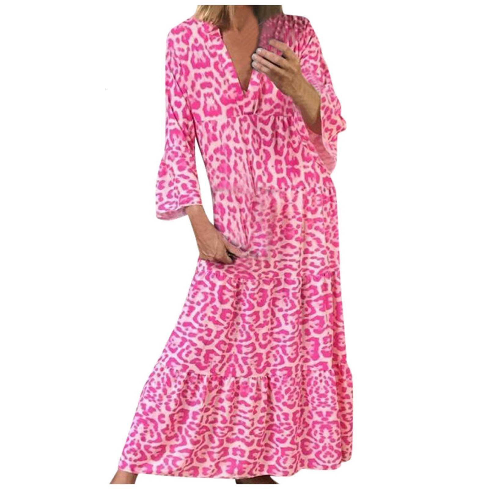 Casual Dresses Pink Leopard Long Dress Autumn European American Fashion ins Vacation Dress for Women Elegant Ruffles Beach Dresses Robe 230505