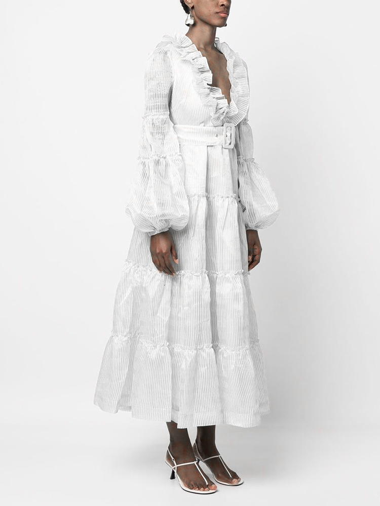 Casual Dresses CHICEVER Elegant Long Dresses For Women V Neck Puff Long Sleeve Patchwork Lace Temperament Maxi Female Spring Fashion New 230505