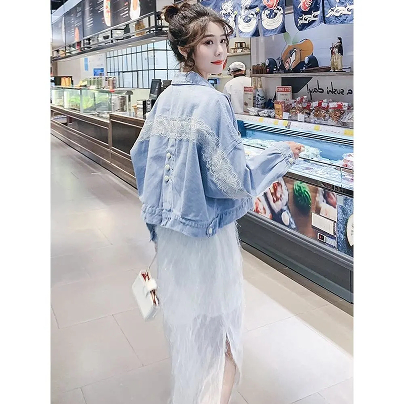 Women's Jackets All-match Lace Stitching Single Breasted Denim Jacket Spring Autumn Loose Short Coat Women Fashion Long Sleeve Streetwear Jacket 