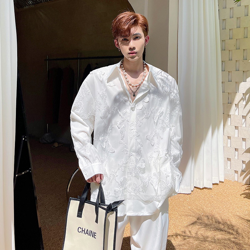 Men's Casual Shirts 3D Butterfly Mesh Double Layer Shirt Men's Long Sleeve Loose Casual Vintage Korean Streetwear Shirt Male Dress Party Shi