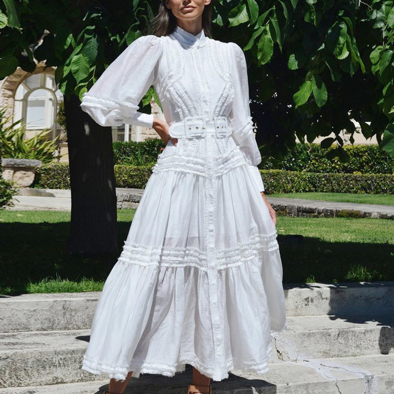 Casual Dresses JSXDHK High Quality Runway Autumn Green Ruffles Long Dress Women Stand Collar Lantern Sleeve Female Belted Holiday Party Dresses 230505
