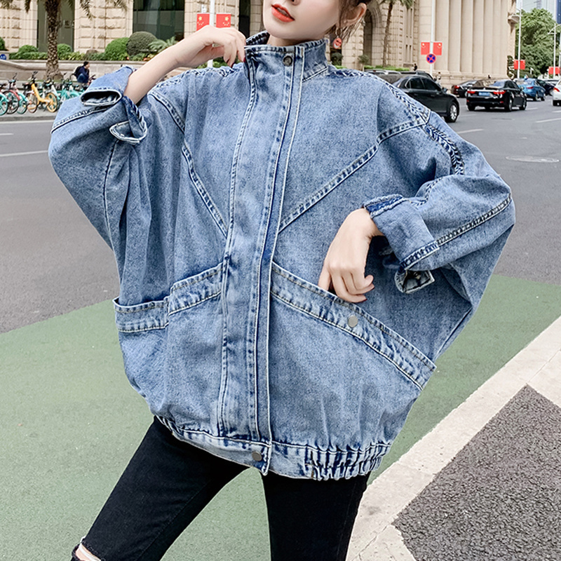 Women's Jackets Women Blue Denim Jacket Mandarin Collar Long Sleeve Solid Loose Oversize Chaqueta Mujer 230505