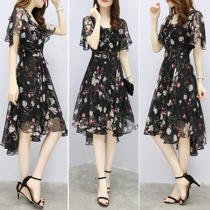 Casual Dresses Women Chiffon Print Dress New Ladies Elegant V-Neck Flare Sleeve Irregular Knee-Length Dress Vestidos Female Summer Clothes 230505